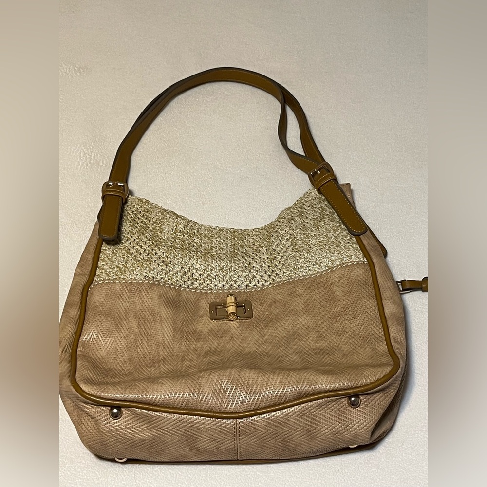 Neutral Two-Tone Straw & Leather Shoulder Bag